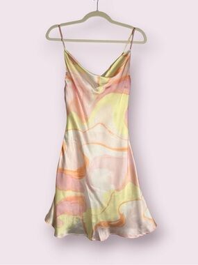 Olia Orange Pink Yellow Swirl Cowl Neck Satin Mini Dress Size XS